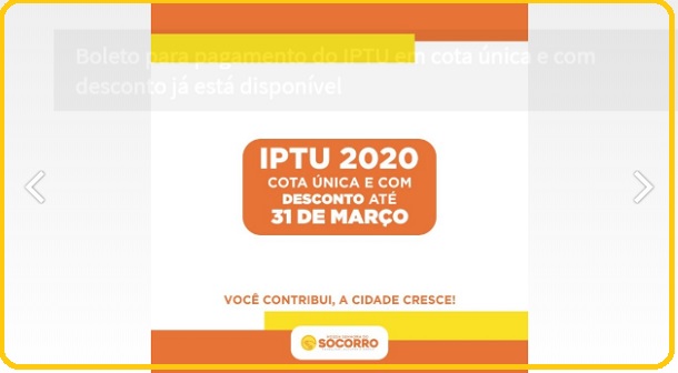 Boleto para pagamento do IPTU de Socorro em cota única e com desconto já está disponível
