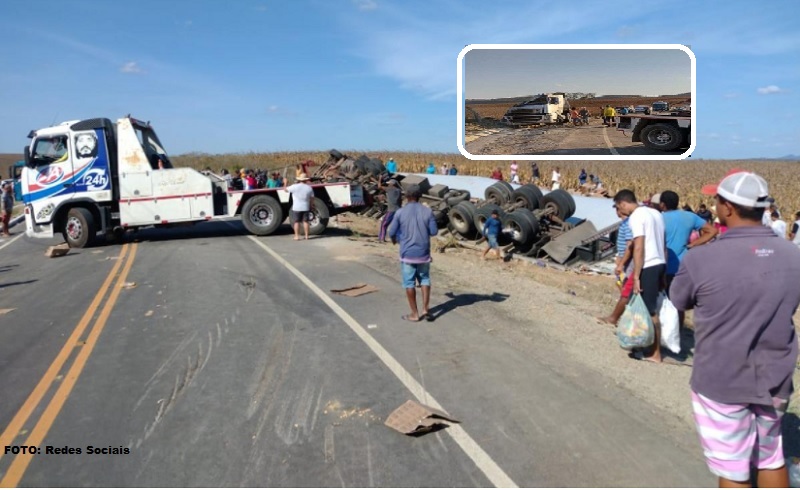 Caminhão bitrem tomba na SE179 e BPRv investiga o caso