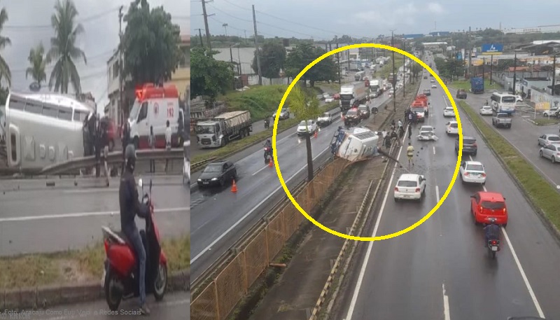 Micro-ônibus da Prefeitura de Poço Verde derrapa e tomba na BR 235