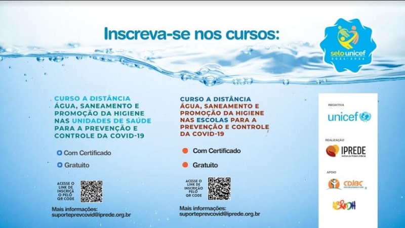 UNICEF e IPREDE ofertam Cursos gratuitos EAD, sobre Água Saneamento e Higiene