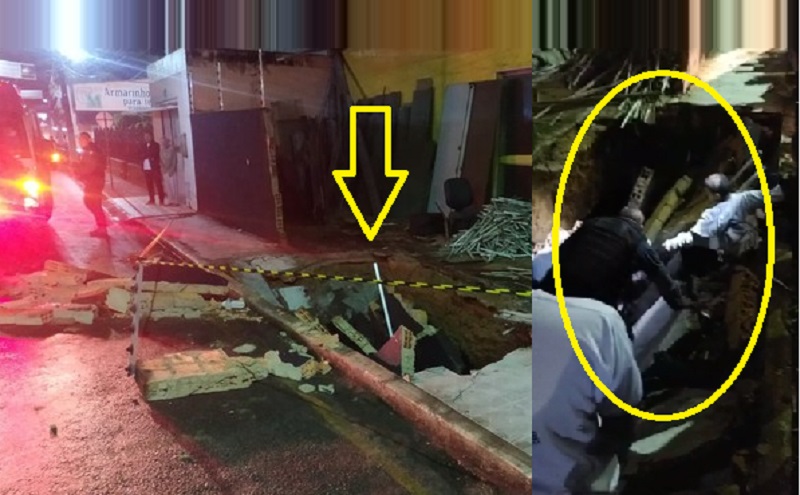 Piso de calçada cede e muro cai por cima de uma pessoa e dois estudantes