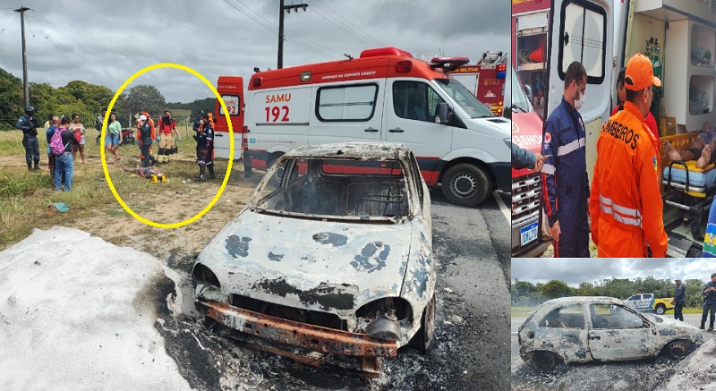 Carro pega fogo e homem é encontrado ferido ao seu lado.