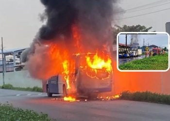 Ônibus de escola particular pega fogo no Conjunto Marcos Freire II em Socorro