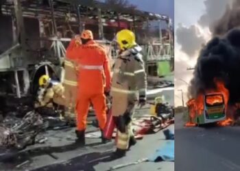 Homem morre carbonizado ao bater moto em ônibus escolar