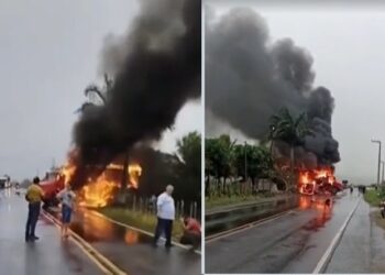 Acidente entre carro de passeio, moto e caminhão mata uma pessoa e deixa outra ferida
